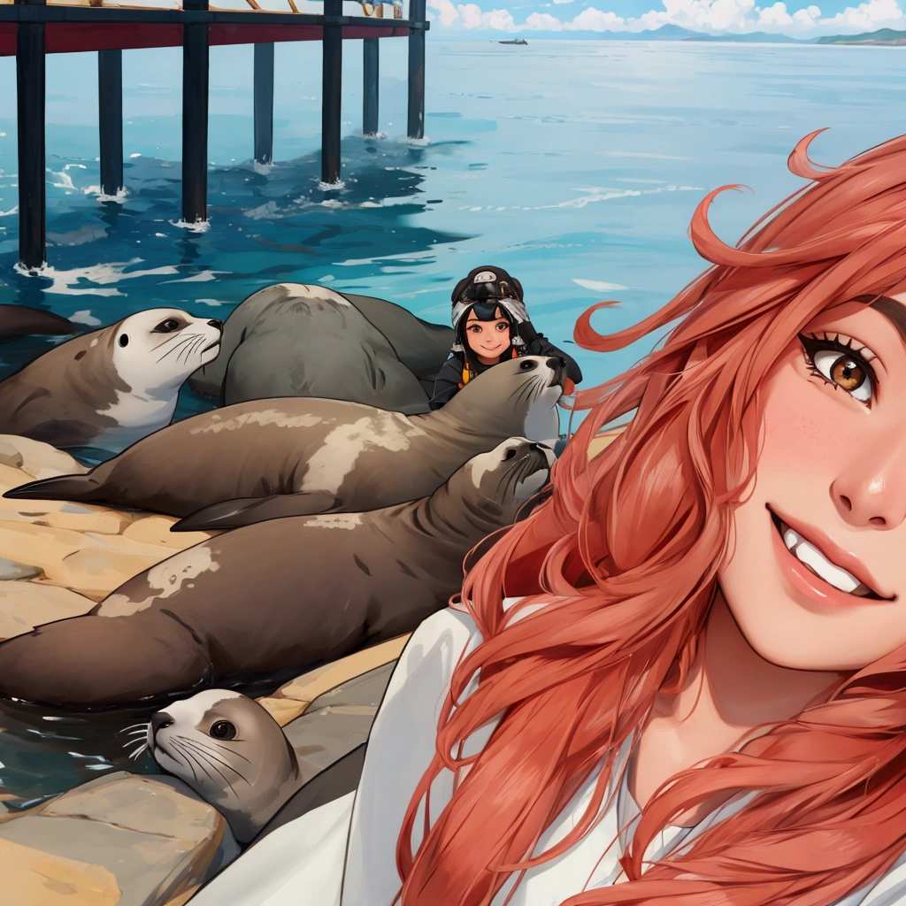 A girl takes a selfie with fur seals in the background, rizhaya girl smiles