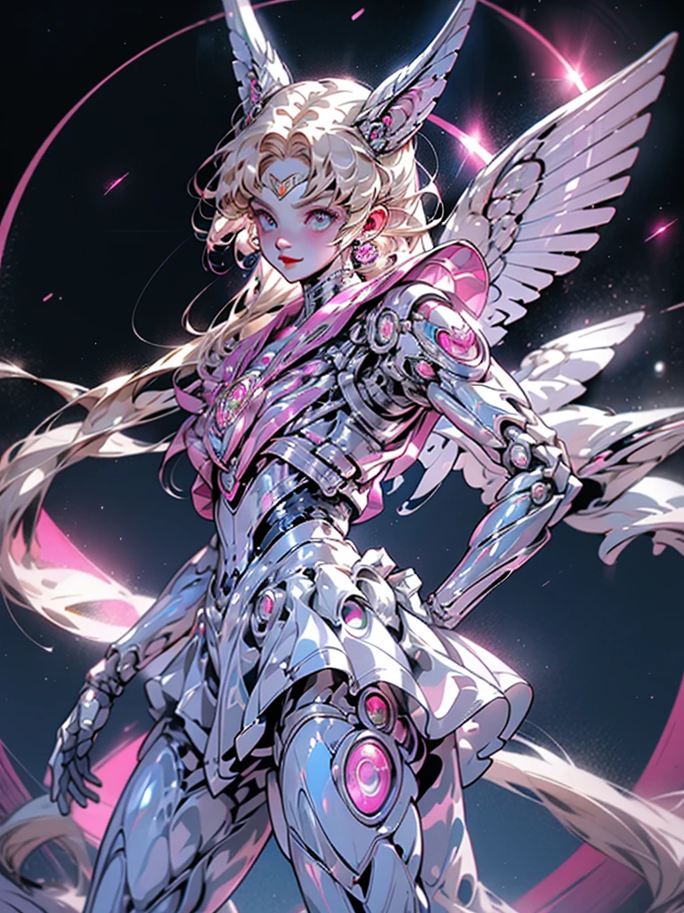 1 mechanical girl: 1.4, Sailor Moon, white mechanical arm, humanoid body, pink sailor suit, good-looking face, sailor Moon, moon hare, rabbit ears, mechanical ears, white blouse, blonde hair, mechanical arm, pink skirt, side, heart-shaped robot in the background, sci-fi background, complex background, hair glowing hair, forehead hair light, moon, panorama, mechanical wings, large wings in the background