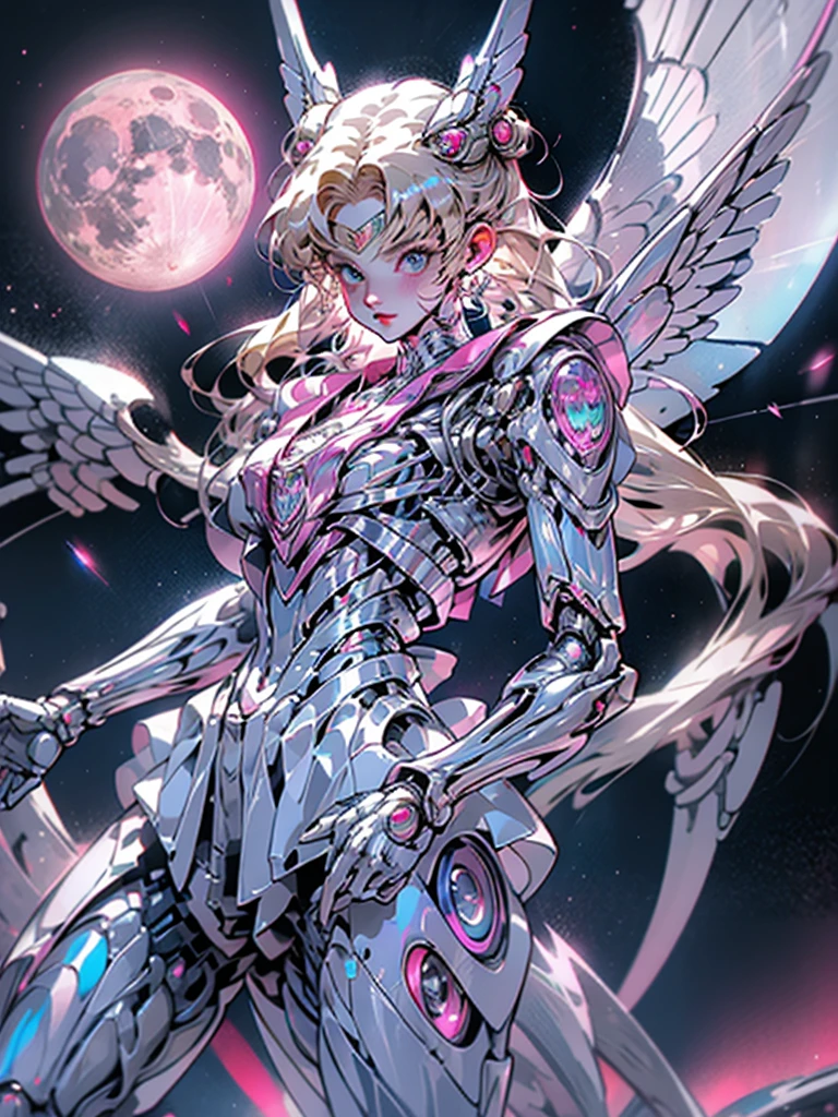 1 mechanical girl: 1.4, Sailor Moon, white mechanical arm, humanoid body, pink sailor suit, good-looking face, sailor Moon, moon hare, rabbit ears, mechanical ears, white blouse, blonde hair, mechanical arm, pink skirt, side, heart-shaped robot in the background, sci-fi background, complex background, hair glowing hair, forehead hair light, moon, panorama, mechanical wings, large wings in the background