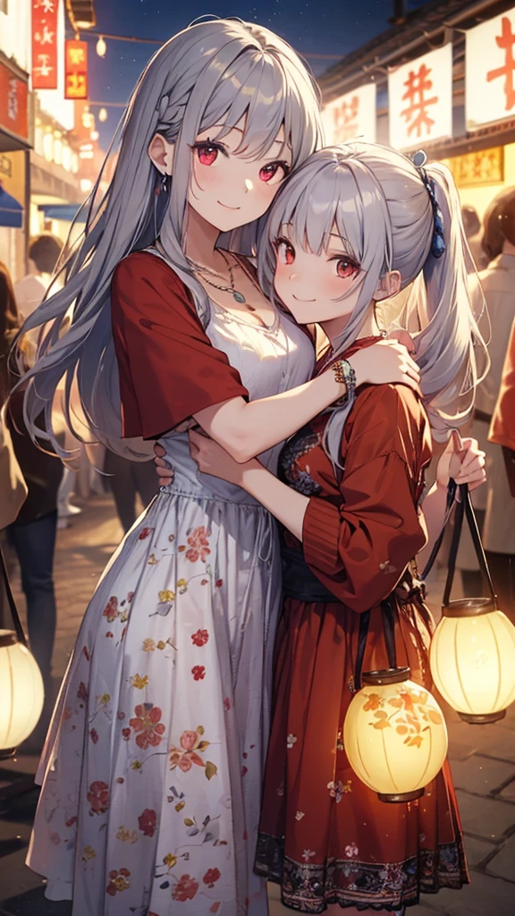 Generate an image of a 15-year-old girl with wine-red eyes and silver hair in a ponytail. She is enthusiastically hugging the viewer, with a bright and happy expression. She is dressed in a cute summer dress with floral patterns, and wearing a stylish necklace and bracelets. The setting is a bustling festival with colorful stalls, lanterns, and people enjoying the festivities. The background should be detailed and lively, reflecting the joyful and energetic mood. Ensure the image is a masterpiece with best quality and very delicate details.