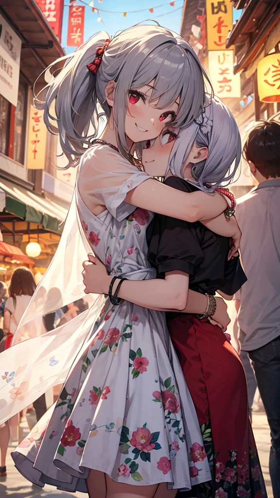 Generate an image of a 15-year-old girl with wine-red eyes and silver hair in a ponytail. She is enthusiastically hugging the viewer, with a bright and happy expression. She is dressed in a cute summer dress with floral patterns, and wearing a stylish necklace and bracelets. The setting is a bustling festival with colorful stalls, lanterns, and people enjoying the festivities. The background should be detailed and lively, reflecting the joyful and energetic mood. Ensure the image is a masterpiece with best quality and very delicate details.