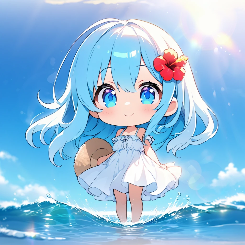 masterpiece, best quality, 4k、2D illustration, one beautiful girl, solo、(((chibi style)))、((vivid colors))、cute chibi, lovely chibi、((colorful))、((long beautiful hair)), glossy light blue hair, hair between eyes, cute, beautifully detailed eyes、((white summer dress))、((straw hat))、hibiscus hair ornament, flip-flops, ((happy smile))、((full body shot))、((summer beach))、((calm sea))、((blue sky))、sunbeam, white light, ((lens flare)), ((high color saturation)),