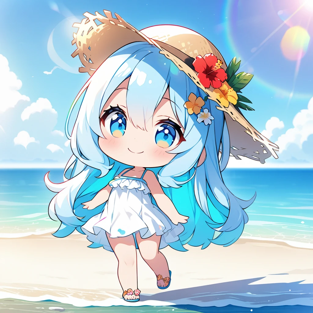 masterpiece, best quality, 4k、2D illustration, one beautiful girl, solo、(((chibi style)))、((vivid colors))、cute chibi, lovely chibi、((colorful))、((long beautiful hair)), glossy light blue hair, hair between eyes, cute, beautifully detailed eyes、((white summer dress))、((straw hat))、hibiscus hair ornament, flip-flops, ((happy smile))、((full body shot))、((summer beach))、((calm sea))、((blue sky))、sunbeam, white light, ((lens flare)), ((high color saturation)), 