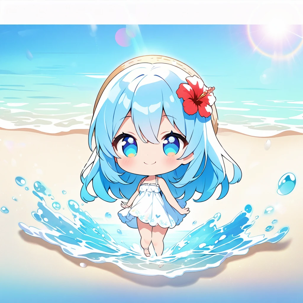 masterpiece, best quality, 4k、2D illustration, one beautiful girl, solo、(((chibi style)))、((vivid colors))、cute chibi, lovely chibi、((colorful))、((long beautiful hair)), glossy light blue hair, hair between eyes, cute, beautifully detailed eyes、((white summer dress))、((straw hat))、hibiscus hair ornament, flip-flops, ((happy smile))、((full body shot))、((summer beach))、((calm sea))、((blue sky))、sunbeam, white light, ((lens flare)), ((high color saturation)),