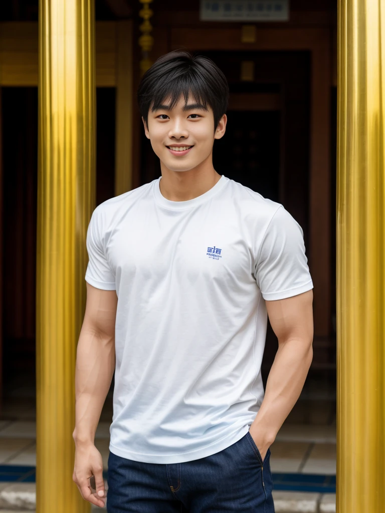 独奏: 1.5, (As a matter of fact, Masterpiece, 8k HD, good light quality, sportswear, fit the face, complicated details), A handsome Korean young man with muscular arms. , 20 years old, be happy, smile brightly, detailed face, delicate eyes, look at the sky, Wear a navy tight T-shirt.:1.6 ,Wear a denim coat., jeans period, black eyes, Black hair color, ผมsmooth, smooth,Surreal,Awesome details,Highest quality,real,Open your mouth to talk. , Close your eyes., (Standing in a Thai temple, a Burmese temple:1.1)