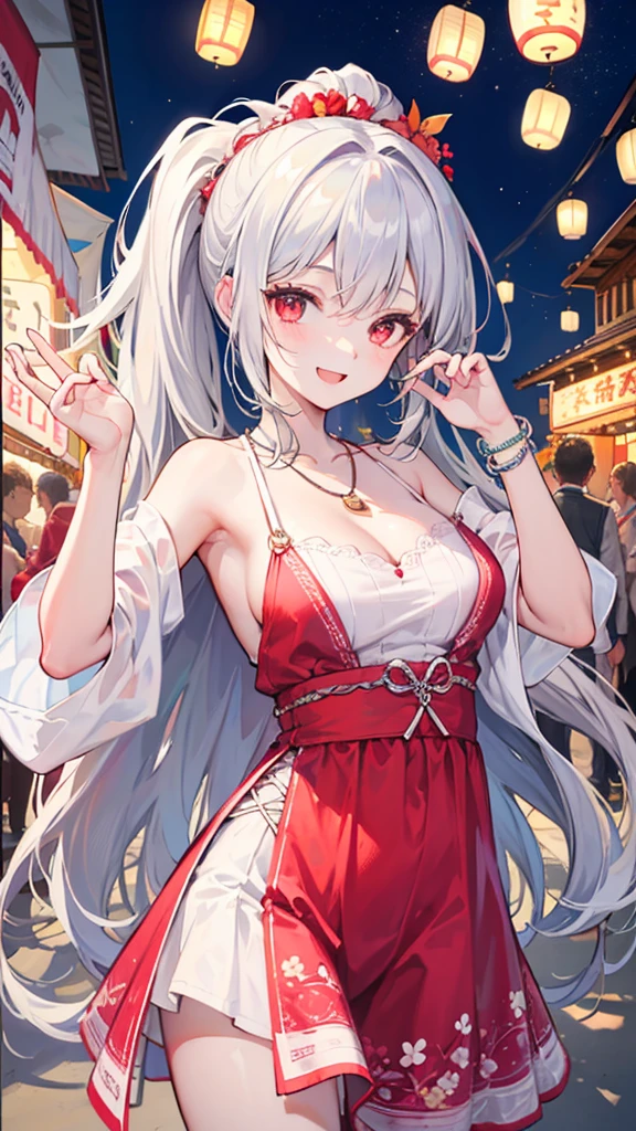 Generate an image of a -yeld giwith wine-red eyes and silver hair in a ponytail. She is enthusiastically hugging the viewer, with a bright and happy expression. She is dressed in a cute summer dress with floral patterns, and wearing a stylish necklace and bracelets. The setting is a bustling festival with colorful stalls, lanterns, and people enjoying the festivities. The background should be detailed and lively, reflecting the joyful and energetic mood. Ensure the image is a masterpiece with best quality and very delicate details.