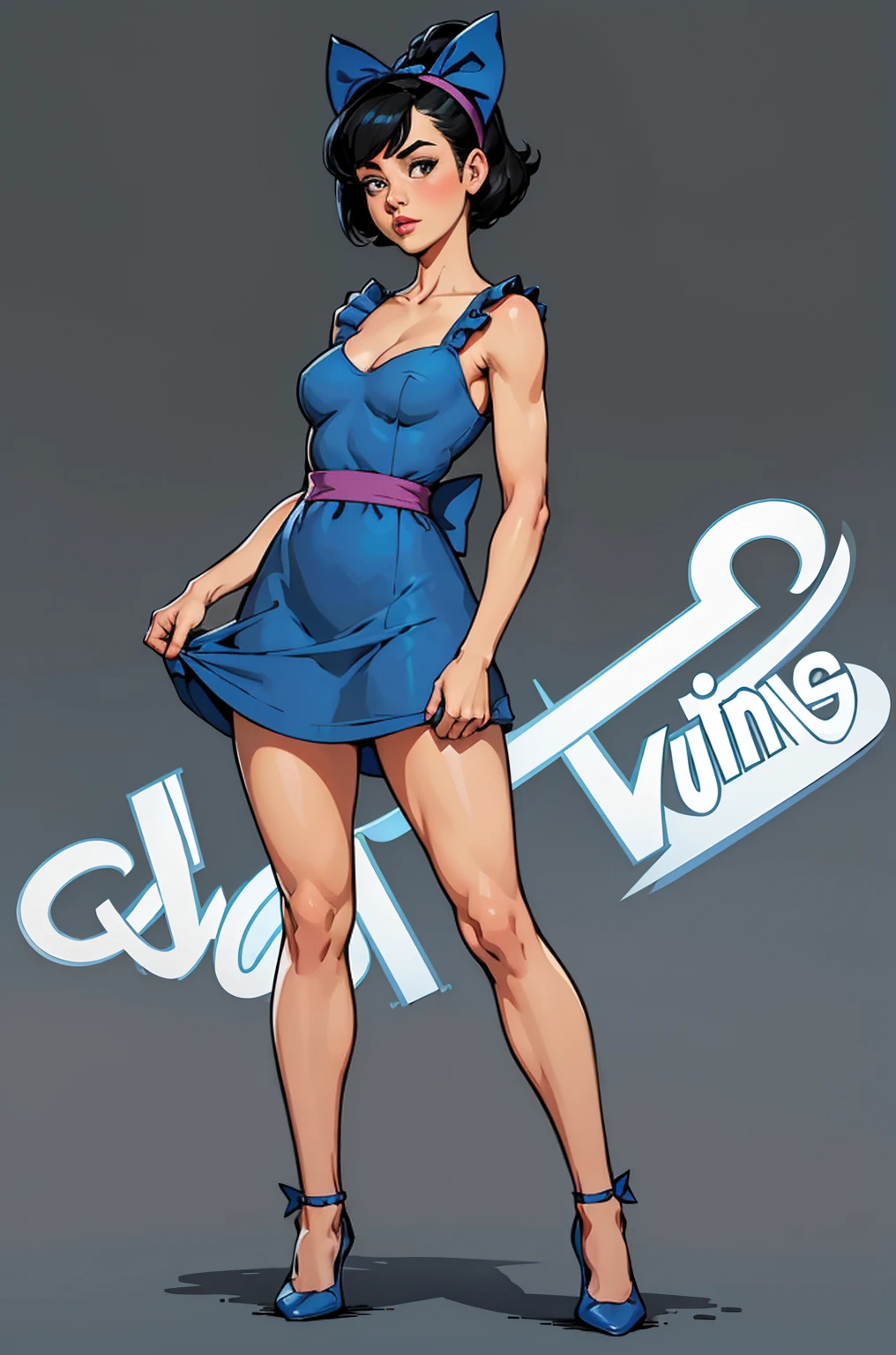 ((Full body photo, standing, on the ground))  girl, portrait, small breasts, slim, short black hair, blue bow on head, bangs, betty rubble, flintstone, hot, soft or colored lips, blue short dress, pinup, housewife, simple background, flat colors, perfect hands , perfect anatomy,

