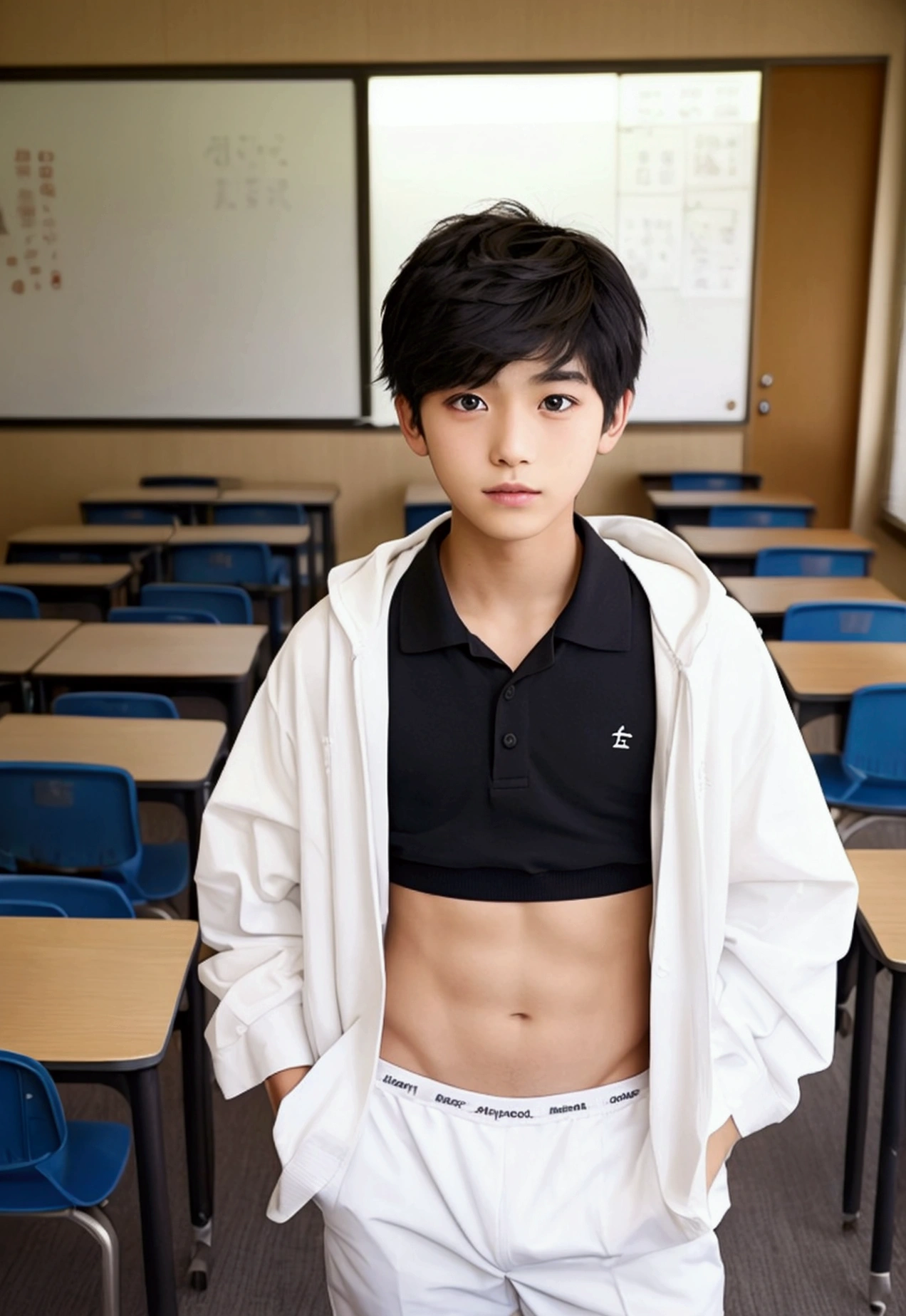 One boy、Beautiful Boy、18-year-old、Japanese Boy、Beautiful Boy、Black Hair、classroom、White underwear、Change of clothes