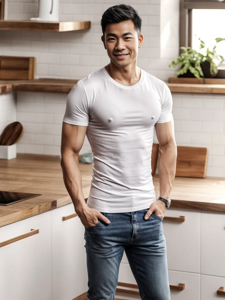 Thai man ,man ,(white t-shirt:1.5) ,Jeans ,He is about 30 years old..，Rough and handsome appearance，large breastsj，Big waistline，buzz cut, angry, sullen, best quality, Masterpiece，bright lights,（Have muscles：4.5），(best quality,high resolution,Masterpiece:1.2),The eyes are natural and delicate..,1 person,alone,gay asian,muscle,Long legs,brave,short hair details,conjunctivitis ,strong,brown eyes, (standing in the kitchen:1.5)，in the market，sitting on the table ,smile