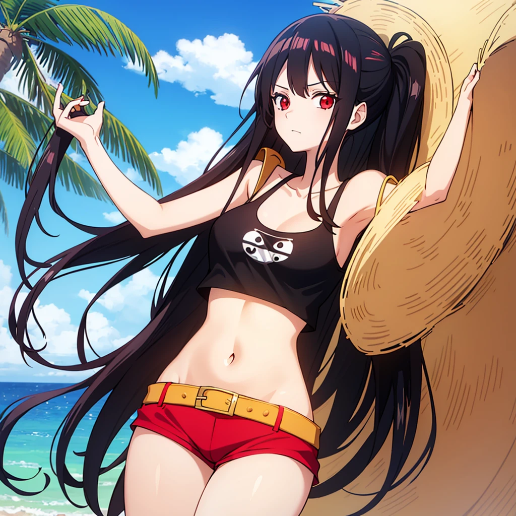 Anime girl, 1 girl, red eyes, long black hair, wearing crop top and open shirt, infront pf a beach, straw hat logo, high resolution,