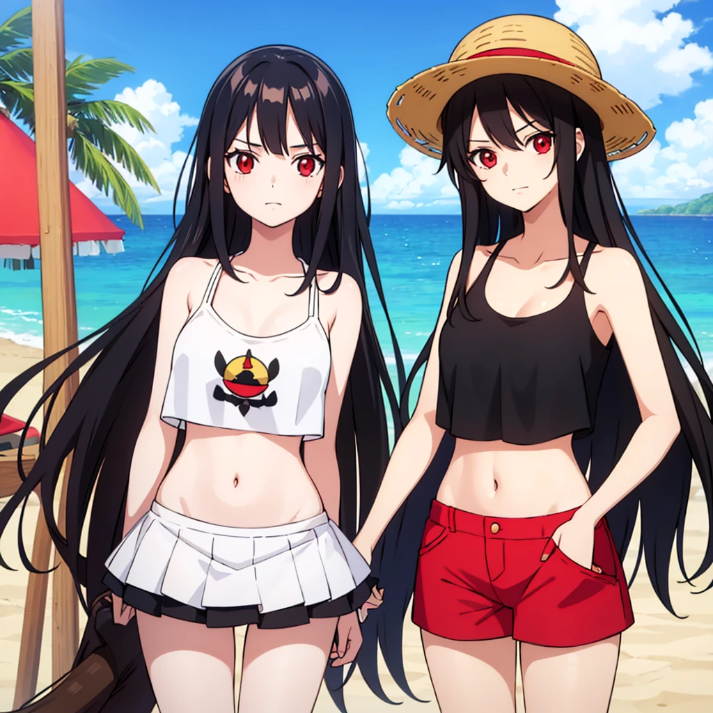 Anime girl, 1 girl, red eyes, long black hair, wearing crop top and open shirt, infront pf a beach, straw hat logo, high resolution,