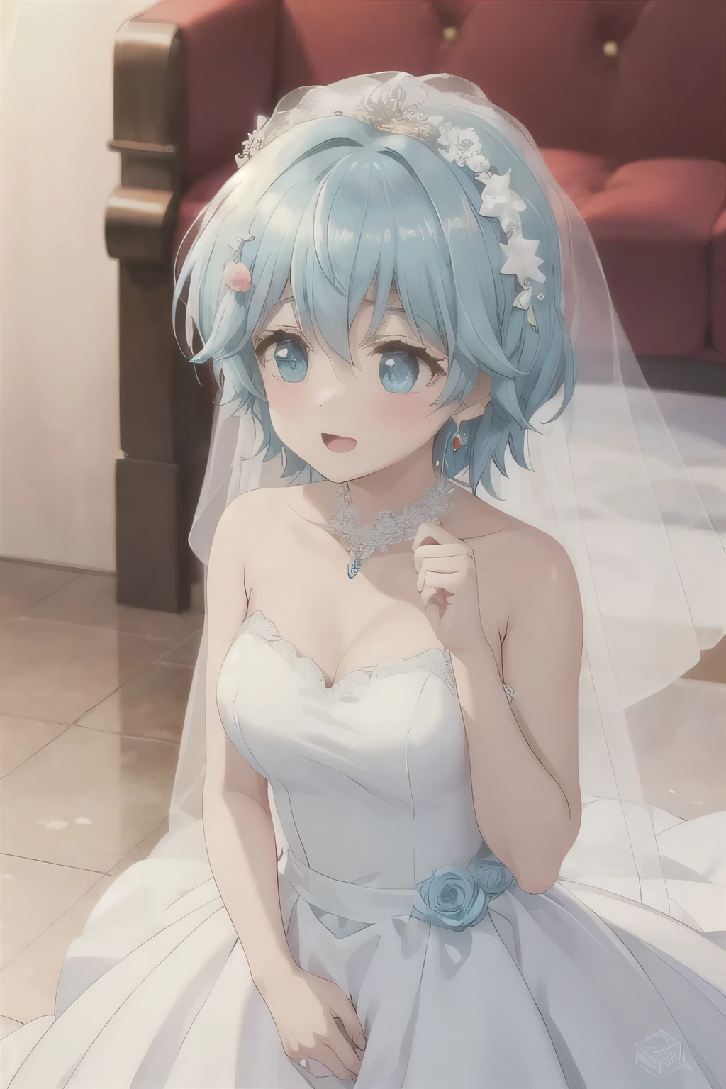 short hair,Blue Hair,Acting cute,Wedding dress