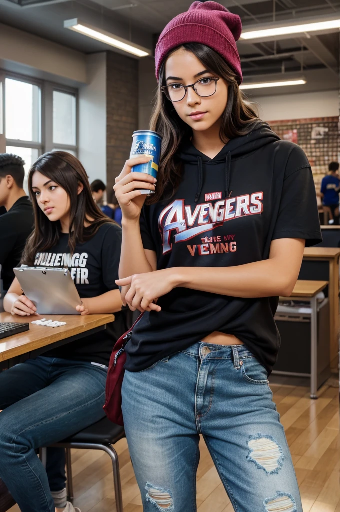 **Title:** "The Averagers"
**Style and Theme:**
- The poster should mimic the style and dramatic flair of Marvel's Avengers movie posters but incorporate elements of college and hostel life to create a humorous and relatable parody.
**Title and Font:**
- The title "The Averagers" should use a bold, metallic font similar to the Avengers logo. The text should have a 3D effect with shadows and highlights to make it stand out.
**Characters:**
1. **Studious Hero:**
- Dressed in a hoodie and jeans, with a backpack slung over one shoulder.
- Holding a stack of textbooks in one hand and a laptop in the other.
- Glasses perched on the nose, looking determined and focused.
2. **Athletic Hero:**
- Wearing a college sports jersey and shorts, with sneakers.
- Holding a basketball in one hand and a tennis racket in the other.
- Muscular build, with a confident and energetic stance.
3. **Creative Hero:**
- Dressed in casual, artsy clothes (e.g., graphic t-shirt, ripped jeans).
- Holding a paintbrush and palette in one hand, a guitar slung over the shoulder.
- Sporting a unique hairstyle or accessories like a beanie or scarf.
4. **Stressed Hero:**
- Looking tired and sleep-deprived, with dark circles under the eyes.
- Wearing sweatpants and a t-shirt, holding a large cup of coffee.
- Surrounded by scattered notes, papers, and empty energy drink cans.
**Background and Setting:**
- The background should blend elements of a college campus and hostel environment:
- A large, impressive building resembling a university in the distance.
- Dorm rooms with open windows showing students studying, chatting, or playing video games.
- A bustling cafeteria with students eating and socializing.
- A common area with a sofa, bookshelves, and a group of students engaged in different activities (e.g., playing board games, reading, or using laptops).
**Additional Elements:**
- Scatter symbols and icons representing various aspects of college life thr