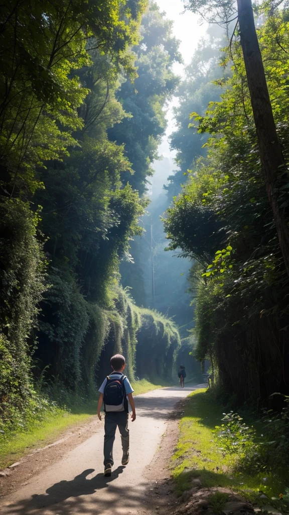 generate the photo that showing a boy walk towards the dark place from bright place. Scenery like in the forest, at the border of time between day and night