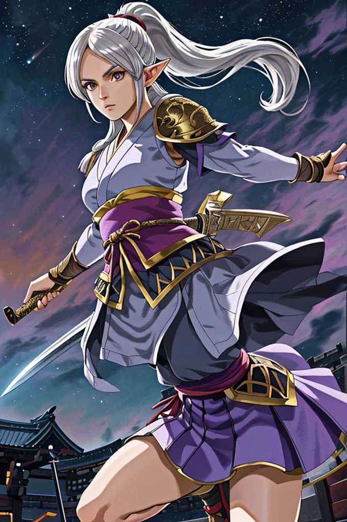 Highest quality,High resolution, ((DQ10)) ,(Elf),Martial Artist,(gun),One person,warrior,(white_armor),purple,kimono,woman,One personで,ponytail,strongest,Anime Style,(Night Sky_background),(Limbs),(Full Finger),(Accurate fingertips), (The finer details), (Super detailed),(Japanese sword:),4K,(high resolution),whole body, (Front angle), Looking at the camera,masterpiece,(Subtle details),(Intricate details),Octane Rendering,(Hyper Detail),