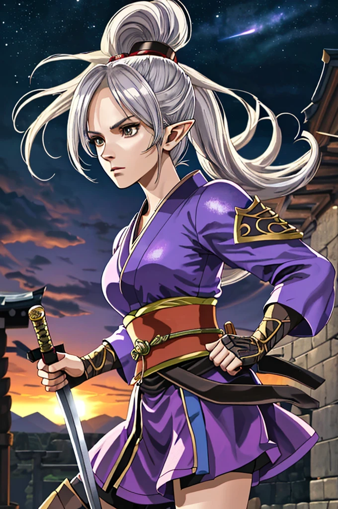 Highest quality,High resolution, ((DQ10)) ,(Elf),Martial Artist,(gun),One person,warrior,(white_armor),purple,kimono,woman,One personで,ponytail,strongest,Anime Style,(Night Sky_background),(Limbs),(Full Finger),(Accurate fingertips), (The finer details), (Super detailed),(Japanese sword:),4K,(high resolution),whole body, (Front angle), Looking at the camera,masterpiece,(Subtle details),(Intricate details),Octane Rendering,(Hyper Detail),