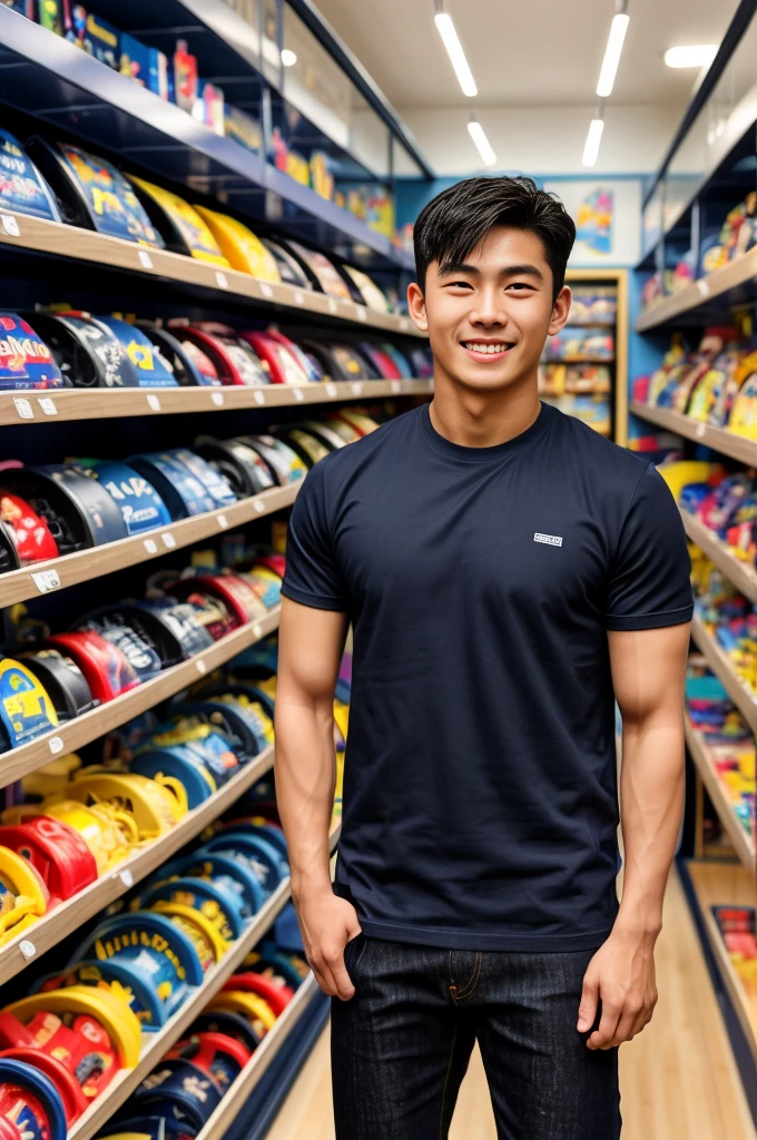 single: 1.5, (ที่TRUEแล้ว, Masterpiece, 8k HD, good light quality, sportswear, to fit the face, complicated details), A handsome Korean man with muscular arms.. , 20 years old, be happy, smile brightly, detailed face, delicate eyes, look at the sky, Wear a navy tight T-shirt..:1.6 ,Wear a denim coat.., Jeans era, black eyes, Black hair color, ผมsmooth, smooth,SurTRUE,Excellent details,Highest quality,TRUE,Open your mouth to talk.. , Close your eyes.., (standing in a toy store:1.5)