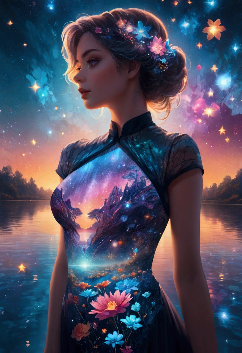 Artwork by Brandon Woelfel (Alex Gray:1.07), Future Utopia, nebula, Flowers, river, (Double Exposure:1.3) ,1 photo of sexy lady,Looking at the audience, Wearing a brocade underbust dress, Optical illusion, Fantasy Art, Made of iridescent crystal glass mosaic with sub-diffusing mirror,Bokeh sky,Dramatic month, Silhouette photo illustration, Amazing depth, Complex and detailed fine-cracked surface, stunning atmosphere, Mesmerizing whimsical vibrant landscapes, High Detail, number, complex, 8K,