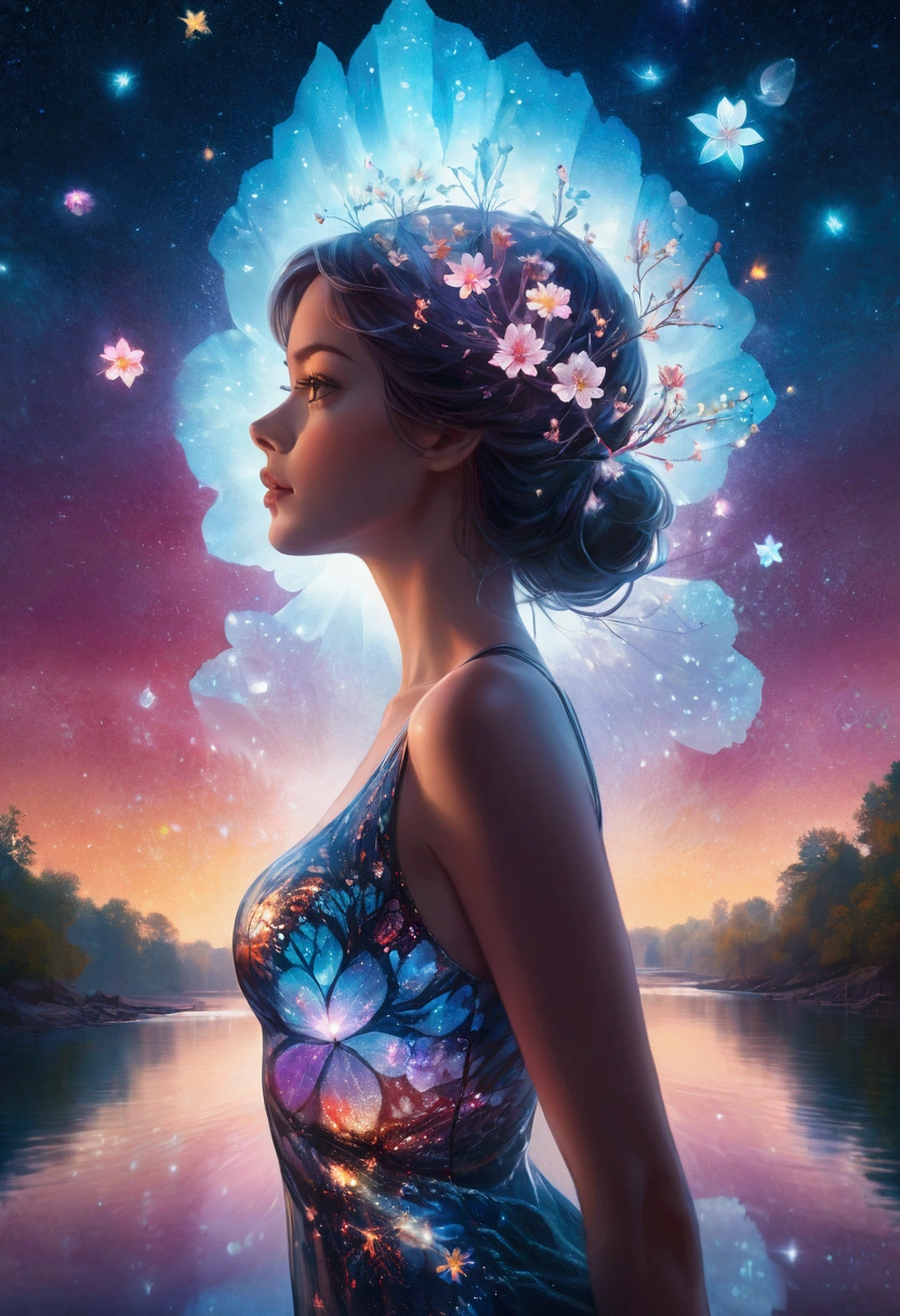 Artwork by Brandon Woelfel (Alex Gray:1.07), Future Utopia, nebula, Flowers, river, (Double Exposure:1.3) ,1 photo of sexy lady，Looking at the audience, Wearing a brocade underbust dress, Optical illusion, Fantasy Art, Made of iridescent crystal glass mosaic with sub-diffusing mirror，Bokeh sky,Dramatic month, Silhouette photo illustration, Amazing depth, Complex and detailed fine-cracked surface, stunning atmosphere, Mesmerizing whimsical vibrant landscapes, High Detail, number, complex, 8K,