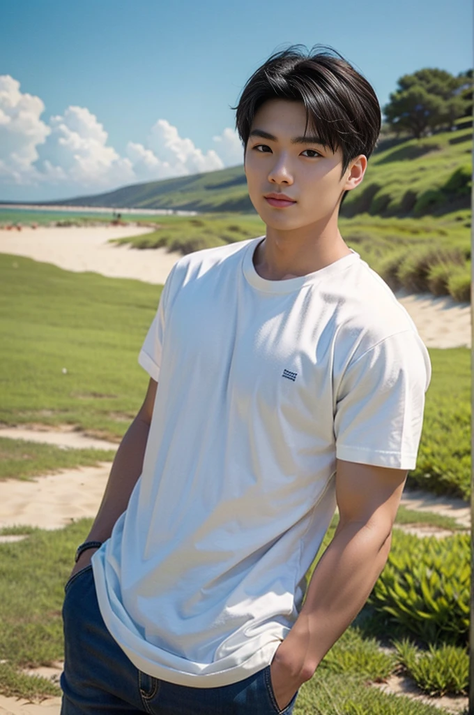 A young Asian man stands, handsome, muscular, looking at the camera. In a plain white t-shirt , Fieldside, grass, beach, sunlight