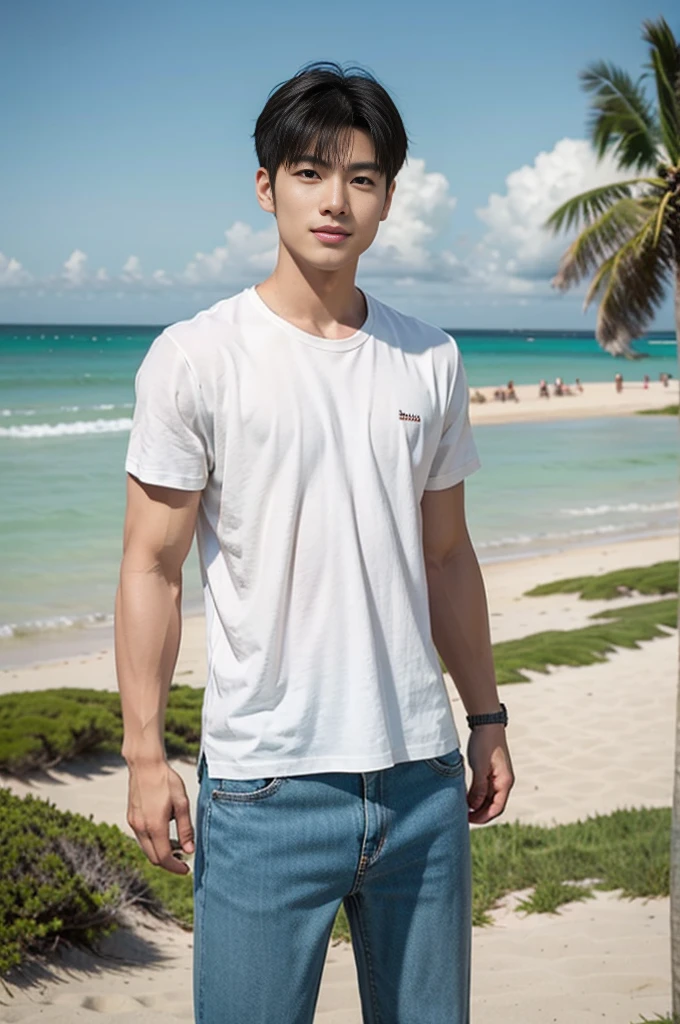 A young Asian man stands, handsome, muscular, looking at the camera. In a plain white t-shirt , Fieldside, grass, beach, sunlight