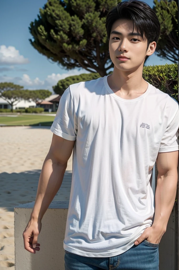 A young Asian man stands, handsome, muscular, looking at the camera. In a plain white t-shirt , Fieldside, grass, beach, sunlight