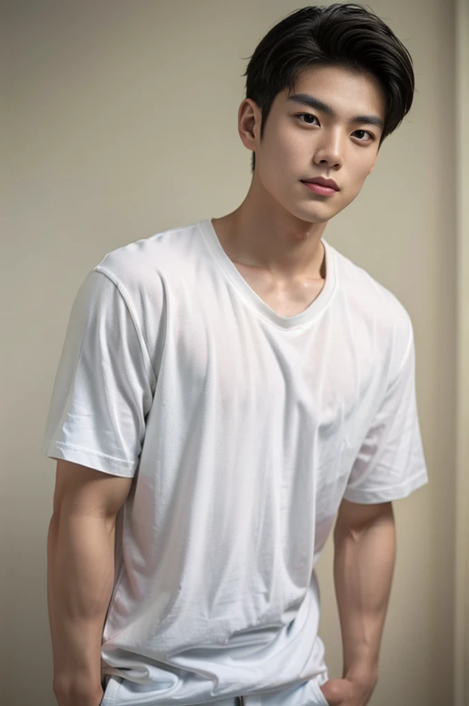 A young Asian man stands, handsome, muscular, looking at the camera. In a plain white t-shirt , Fieldside, grass, beach, sunlight
