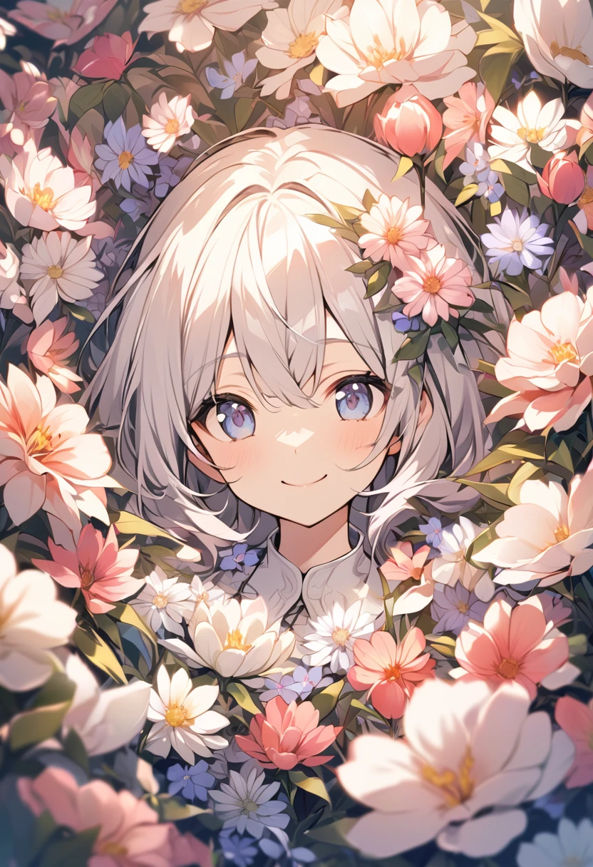 high resolution、Surrounded by flowers,Flower side,One girl,Upper Body,smile,I'm laughing so hard my eyes are closing,A big smile,Black Hair,long,Shiny Hair