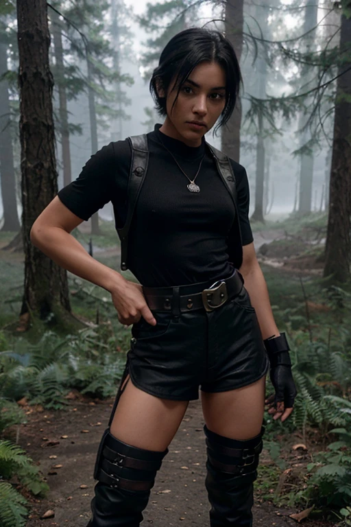 10K, Nat Zang, Wolf, 18 years old, short messy black hair, slim muscular build, blue eyes, military vest, black short sleeve shirt, dark black, black hunter belt, light brown combat boots, pendant crow, black fingerless gloves forest background with fog