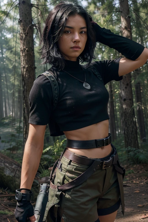 10K, Nat Zang, Teen Wolf, 18 years old, short messy black hair, slim muscular build, blue eyes, military vest, black short sleeve shirt, dark black, black hunter belt, light brown combat boots, pendant crow, black fingerless gloves forest background with fog