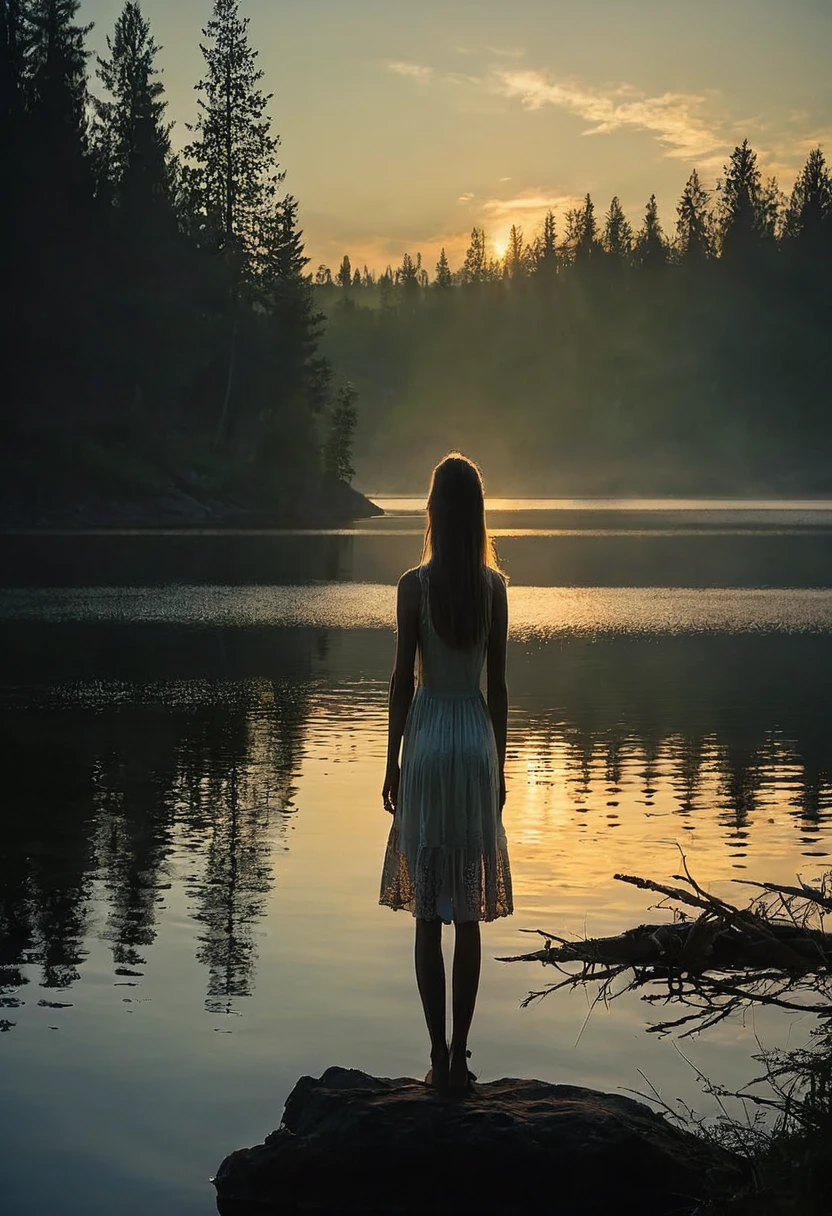 there is a woman standing on a rock looking out at the water, standing in a lake, beautiful girl on the horizon, setting in nature, girl watching sunset, beautiful girl, perfect composition artem demura, near a lake, beautiful and mysterious, standing next to water, by Kurt Roesch, summer morning light, solitude, at sunrise