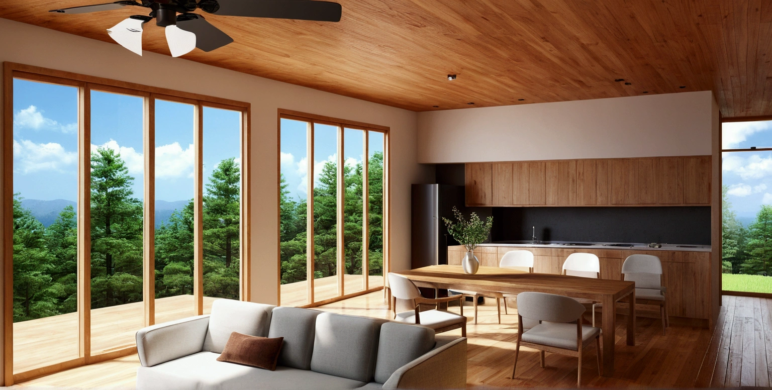 a rendering of a living room with a couch, table, and fan, 3 d rendering, 3d rendering, detailed rendering,wooden celling, 2 d render, comprehensive 2 d render, detailed 3d render, with 3 d render, detailed 3 d render, with 3d render, cg rendering, high detail 3 d render, very detailed render, wide establishing shot, 3 d renders, , windown view pine tree forest 