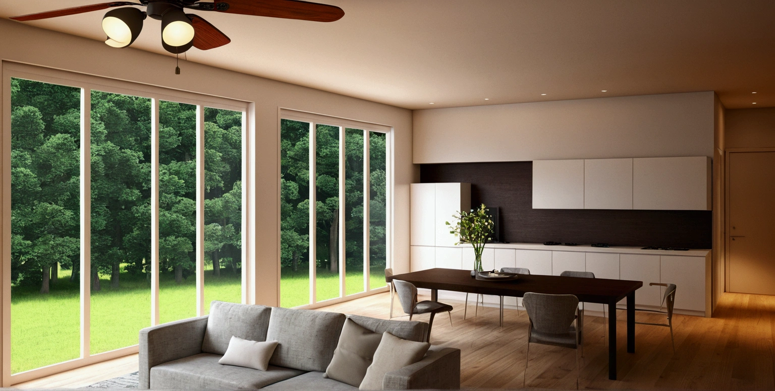 a rendering of a living room with a couch, table, and fan, 3 d rendering, 3d rendering, detailed rendering,wooden celling, 2 d render, comprehensive 2 d render, detailed 3d render, with 3 d render, detailed 3 d render, with 3d render, cg rendering, high detail 3 d render, very detailed render, wide establishing shot, 3 d renders, , windown view pine tree forest 