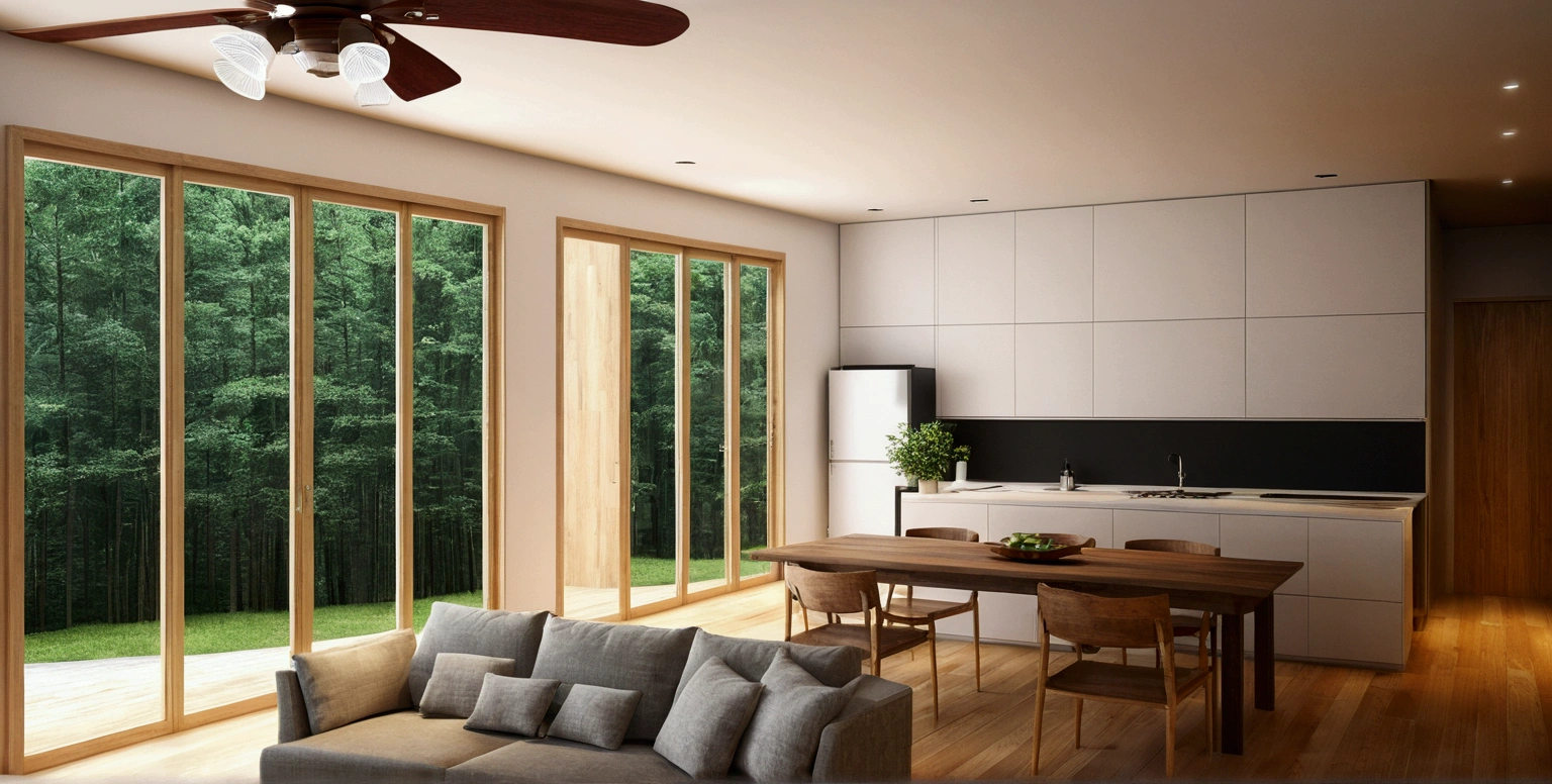a rendering of a living room with a couch, table, and fan, 3 d rendering, 3d rendering, detailed rendering,wooden celling, 2 d render, comprehensive 2 d render, detailed 3d render, with 3 d render, detailed 3 d render, with 3d render, cg rendering, high detail 3 d render, very detailed render, wide establishing shot, 3 d renders, , windown view pine tree forest