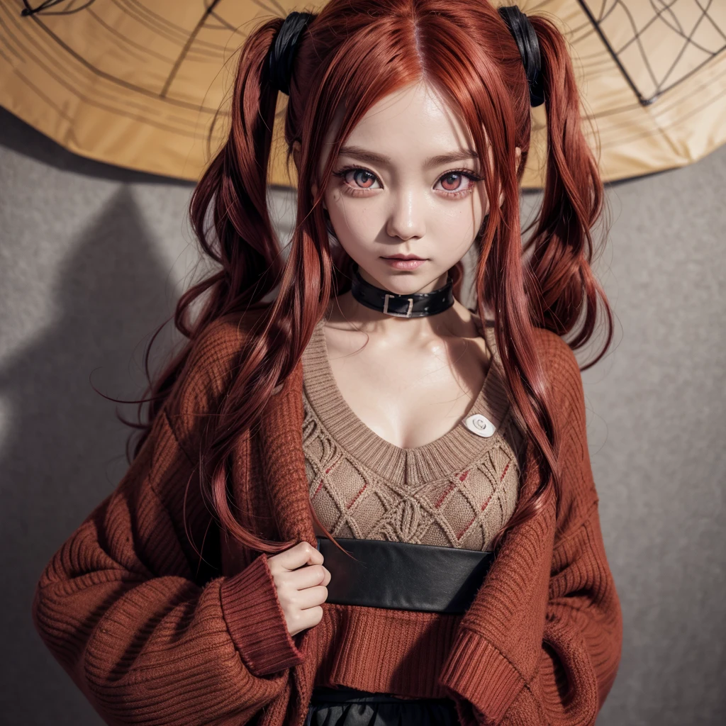 anime girl with red hair and purple eyes with a red sweater, yayoi kasuma, demon slayer rui fanart, kimetsu no yaiba, demon slayer artstyle, coloured manga scan, [[[[grinning evily]]]], full colored, colored manga, digitally colored, fully colored, hana yata, ((red)) baggy eyes
