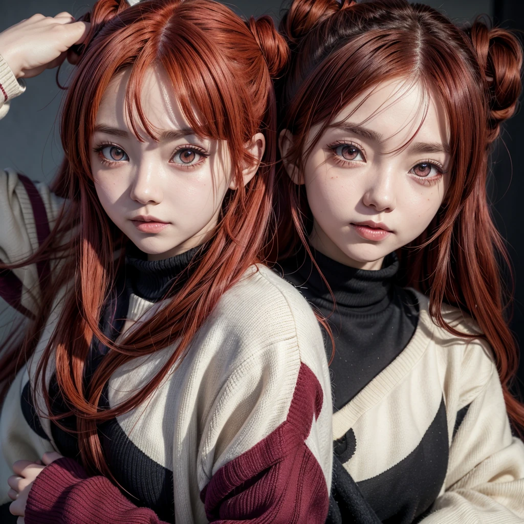 anime girl with red hair and purple eyes with a red sweater, yayoi kasuma, demon slayer rui fanart, kimetsu no yaiba, demon slayer artstyle, coloured manga scan, [[[[grinning evily]]]], full colored, colored manga, digitally colored, fully colored, hana yata, ((red)) baggy eyes