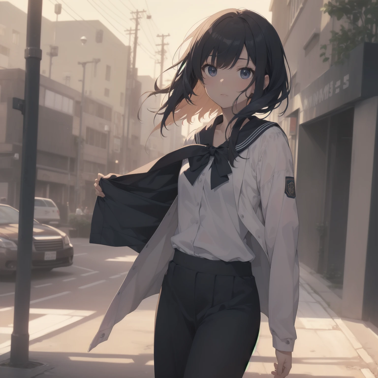 ultra-absurdres-Top quality by artist God, ultra-detailed, high resolution, anime moe artstyle, best anime 8k konachan wallpaper, pixiv contest winner, pool:2810, perfect anatomy,break, 1girl, (Please draw a girl walking sleepily to school alone. )break,(Solo,little female, 13-year-old:1.3),Full limbs, complete fingers,a junior high school student, (very short hair), short cut, flat chest, , small butt, small black eyes, beautiful detailed eyes, well-proportioned iris and pupils, expressive eyes, highres detailed hair, soft expression, salor school_uniform, sailor collar, serahuku, bow, pleated skirt,(Detailed Lighting), (Detailed background), in the School commute route. break,super detailed skin, Best cinematic lighting powered by famous artist, 8k,beauty illustration,photoshop_(medium),very aesthetic,break,((artist:beni_shake )), artist:clamp ,artist:carnelian ,artist:kantoku ,