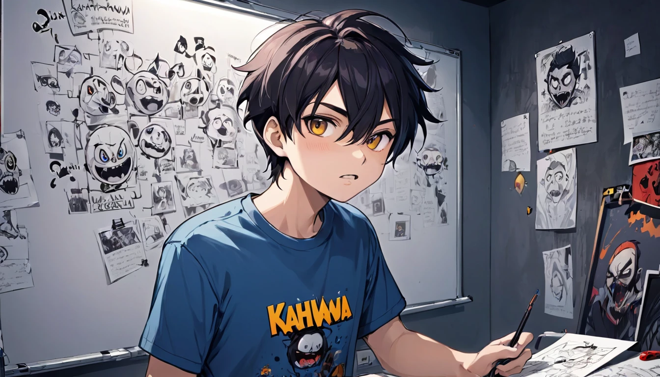 A gamer guys plans on a whiteboard with pictures and papers hung on it, evil dark room , there is a scary faces and Puzzles on the wall,his tshirt has this Kahwaa name