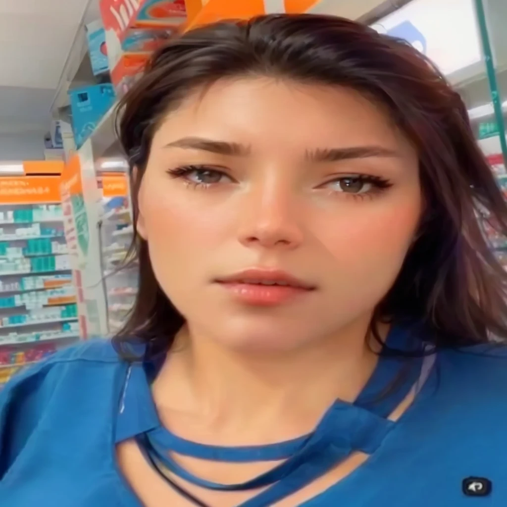 a close-up of a woman in a blue shirt in a store, no-makeup, low quality video, drugstore, I was in a supermarket, Kimberly Asstyn, vannessa ives, pharmacy, anxiety inducing backrooms, vídeo tiktok, Ema Uber, 30-year-old french woman, youtube, by Amédée Ozenfant
