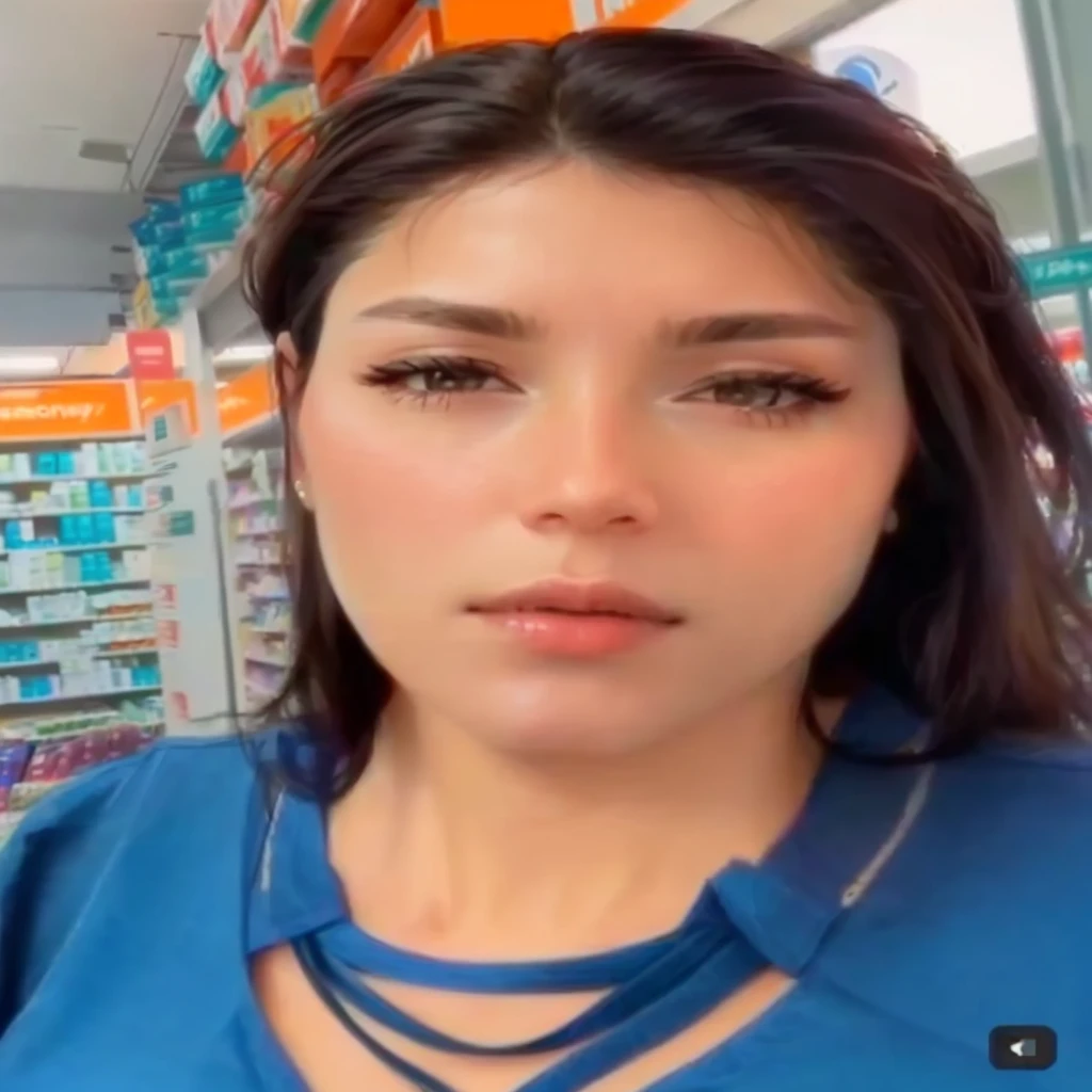 a close-up of a woman in a blue shirt in a store, no-makeup, low quality video, drugstore, I was in a supermarket, Kimberly Asstyn, vannessa ives, pharmacy, anxiety inducing backrooms, vídeo tiktok, Ema Uber, 30-year-old french woman, youtube, by Amédée Ozenfant