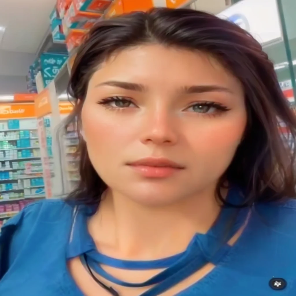 a close-up of a woman in a blue shirt in a store, no-makeup, low quality video, drugstore, I was in a supermarket, Kimberly Asstyn, vannessa ives, pharmacy, anxiety inducing backrooms, vídeo tiktok, Ema Uber, 30-year-old french woman, youtube, by Amédée Ozenfant