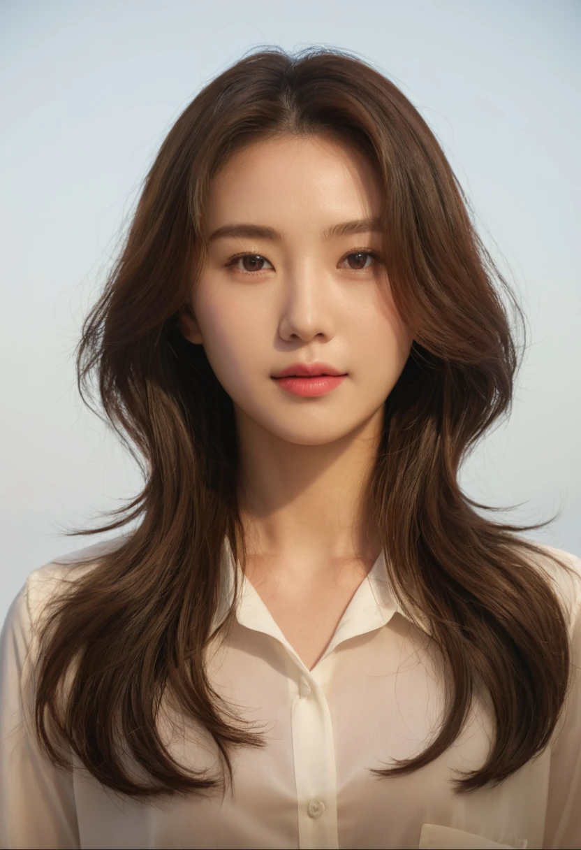 Best Quality, 8k, Masterpiece, (Portrait: 1.3), (photo realistic:1.4), (hyper realistic:1.4), Sharp Focus, looking at viewer, (smoother lighting:1.1), (increase cinematic lighting quality:0.9), realistic lighting, backlighting, light on face, ray trace, (brightening light:1.2), (Increase quality:1.4), sharp detail, (best quality real texture skin:1.4), finely detailed eyes, black_eyes, finely detailed face, 25 year old Korean woman, (white formal_shirt:1.4), (Create an image maintaining the original base model hairstyle:1.5)