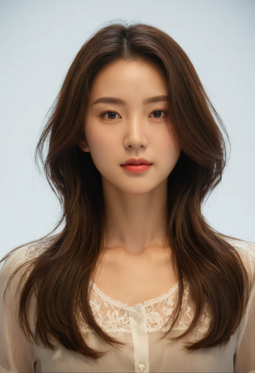 Best Quality, 8k, Masterpiece, (Portrait: 1.3), (photo realistic:1.4), (hyper realistic:1.4), Sharp Focus, looking at viewer, (smoother lighting:1.1), (increase cinematic lighting quality:0.9), realistic lighting, backlighting, light on face, ray trace, (brightening light:1.2), (Increase quality:1.4), sharp detail, (best quality real texture skin:1.4), finely detailed eyes, black_eyes, finely detailed face, 25 year old Korean woman, (white formal_shirt:1.4), (Create an image maintaining the original base model hairstyle:1.5)


