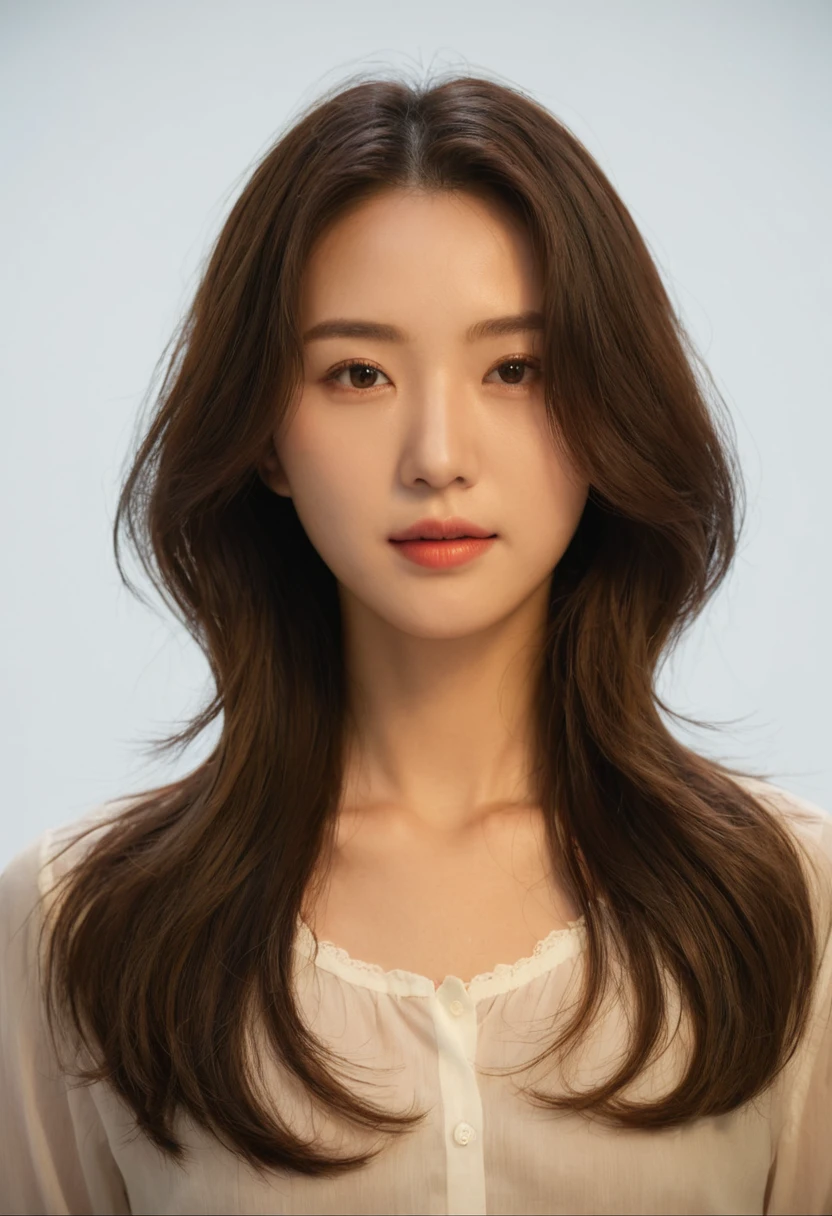 Best Quality, 8k, Masterpiece, (Portrait: 1.3), (photo realistic:1.4), (hyper realistic:1.4), Sharp Focus, looking at viewer, (smoother lighting:1.1), (increase cinematic lighting quality:0.9), realistic lighting, backlighting, light on face, ray trace, (brightening light:1.2), (Increase quality:1.4), sharp detail, (best quality real texture skin:1.4), finely detailed eyes, black_eyes, finely detailed face, 25 year old Korean woman, (white formal_shirt:1.4), (Create an image maintaining the original base model hairstyle:1.5)

