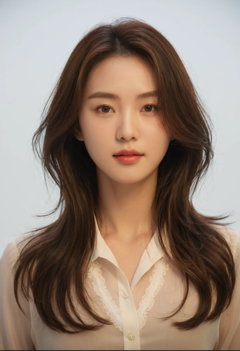 Best Quality, 8k, Masterpiece, (Portrait: 1.3), (photo realistic:1.4), (hyper realistic:1.4), Sharp Focus, looking at viewer, (smoother lighting:1.1), (increase cinematic lighting quality:0.9), realistic lighting, backlighting, light on face, ray trace, (brightening light:1.2), (Increase quality:1.4), sharp detail, (best quality real texture skin:1.4), finely detailed eyes, black_eyes, finely detailed face, 25 year old Korean woman, (white formal_shirt:1.4), (Create an image maintaining the original base model hairstyle:1.5)