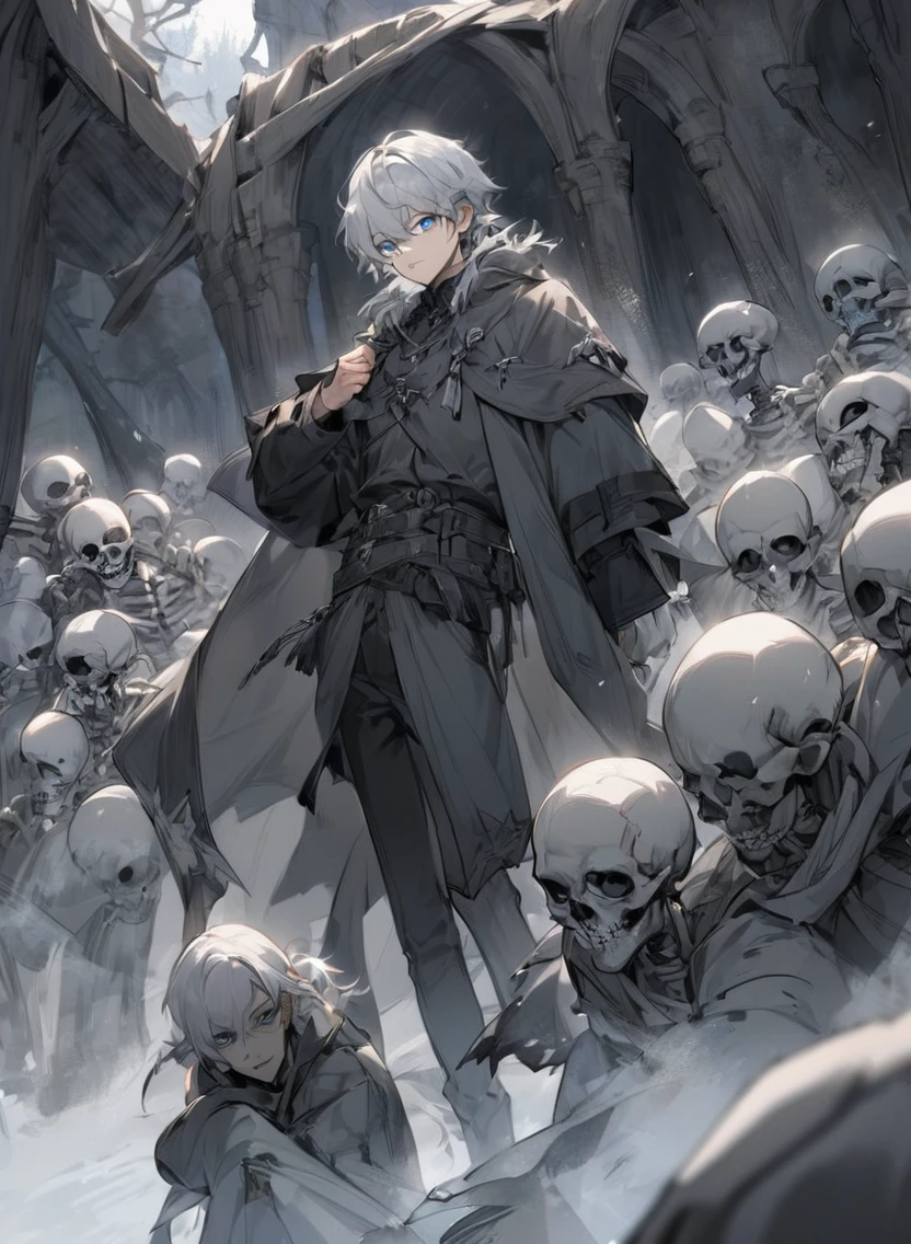 young man ,Male Dark, dark Woods, cold gray colors, man white hair with blue eye, Warlock dnd , Skeleton army in background