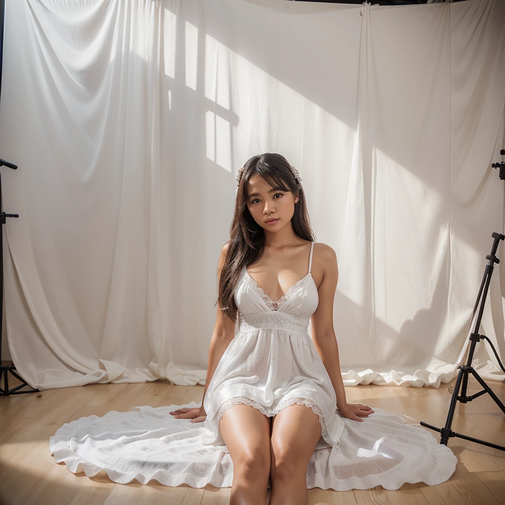 A highly detailed ultra realistic photography of filipina girl dressed by white stunning nighties dress. In a studio photoshoot background.
