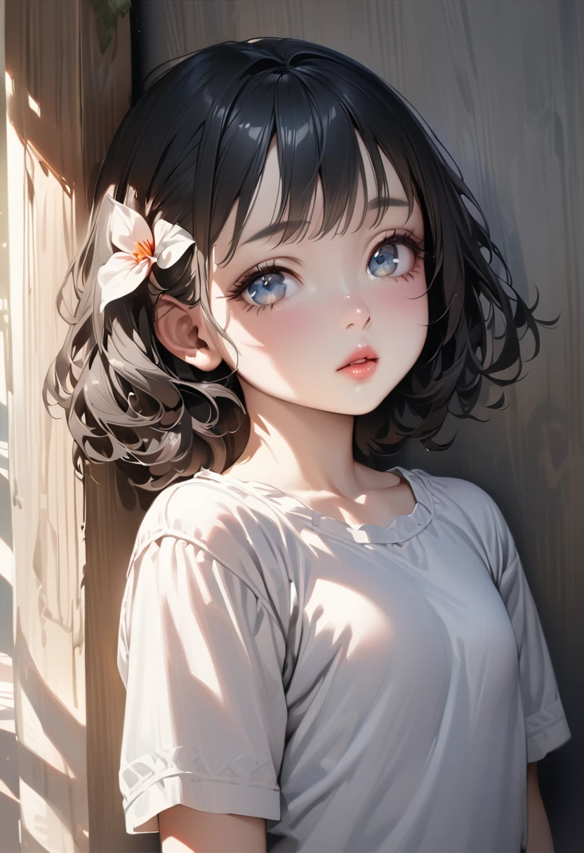 Loli anime girl, Realistic shadows, Delicate skin, The breasts are very small, Black Hair, Very detailed, 8k highly detailed face, Perfect face shape, Full, perfect lips, Perfect nose, Correction of beautiful eyes, Viewers, White shirt, Hair Flower, masterpiece, best quality, Single Girl, not good, No, Solitary