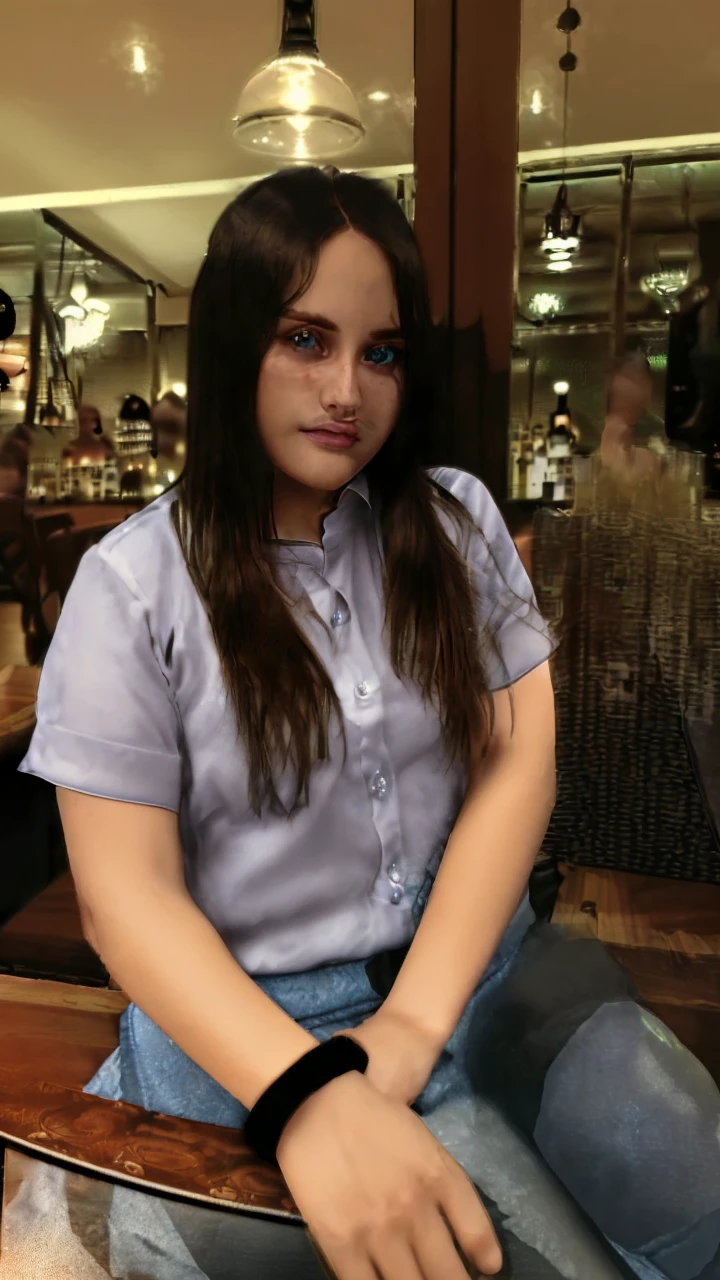 photorealistic, best quality, instagram model, (hyper detailed: 1.4), ((seating in the bar table:1.5)), long blonde hair, green eyes, Detailed eyes, beautiful european young woman, (Highly detailed face:1.4), exuding a natural glow, soft lightning, evening time, bar view, jaw-dropping beauty, mysterious, seductive, vivid colors, subtle shadows