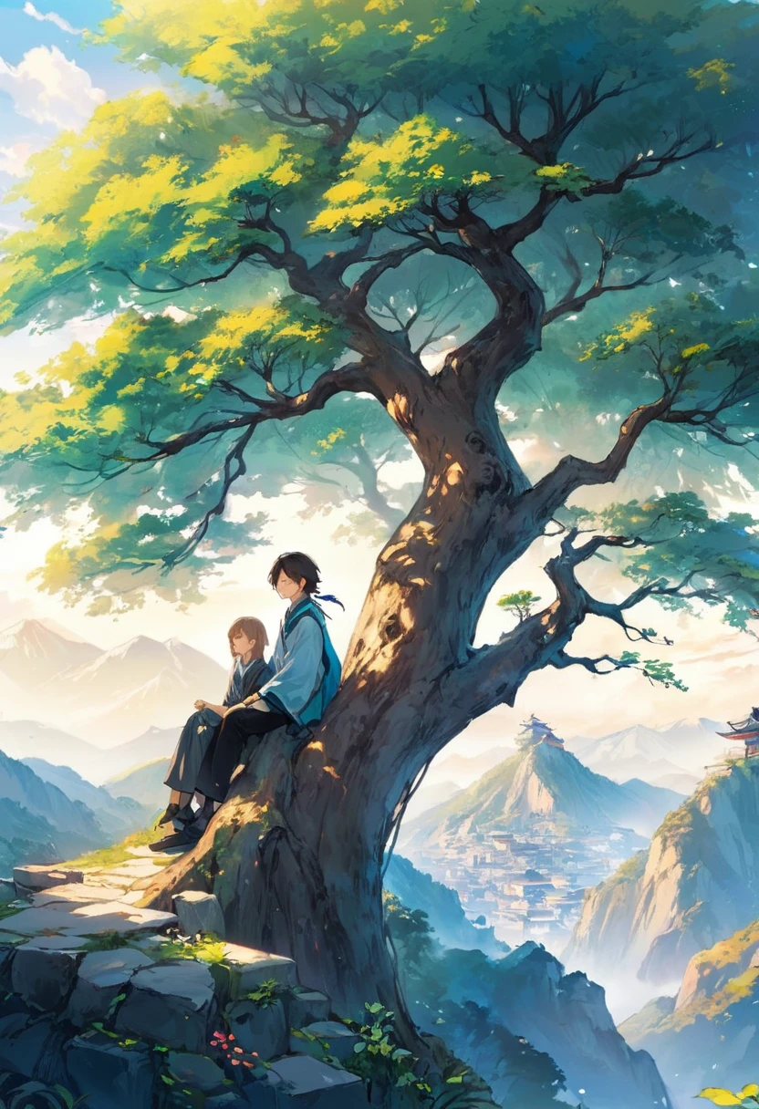Illustrate Zhan and Lisa in a peaceful moment amidst the magical mountain town:
Visualize Zhan sitting on the sturdy branches of a majestic tree, overlooking the tranquil surroundings of the ancient Chinese mountain town. His expression is focused yet serene, embodying his determination and strength as a trainee mon